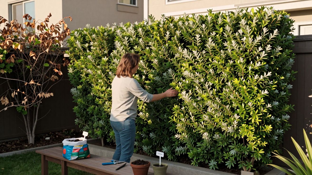Pessoa cuidando de arbustos verdes em jardim com ferramentas de jardinagem sobre banco de madeira.