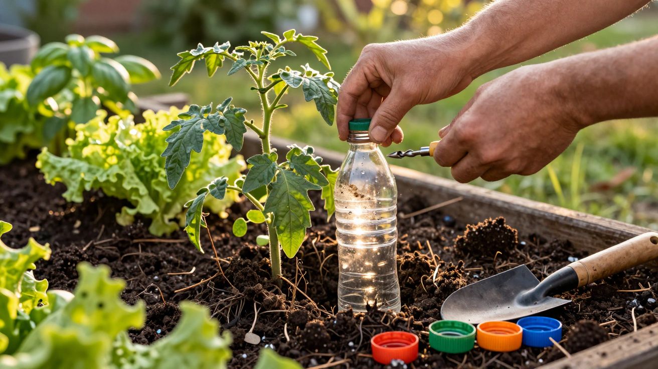 Mãos furando garrafa plástica com furadeira ao lado de muda de planta e ferramentas de jardinagem em canteiro.