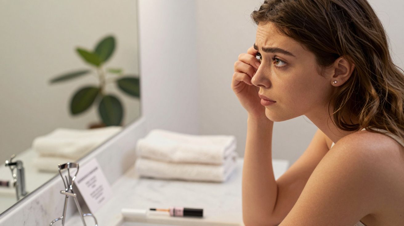 Mulher jovem olhando no espelho do banheiro enquanto mexe na sobrancelha com expressão concentrada.