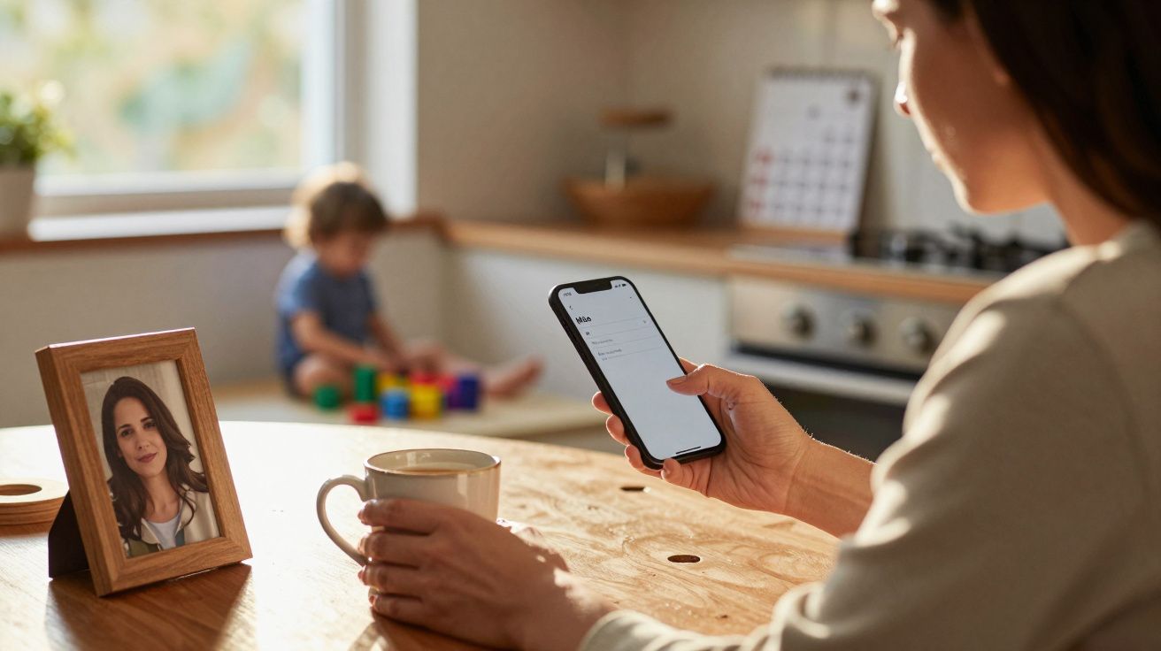 Pessoa segurando celular com tela de login, tomando café, com quadro e criança ao fundo em cozinha.