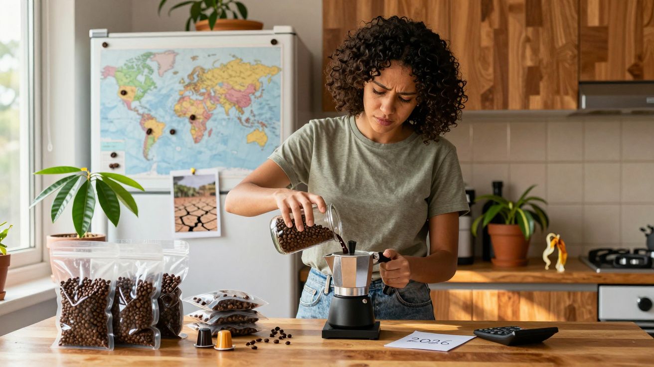Mulher preparando café em cafeteira italiana em cozinha, com várias embalagens de grãos ao lado.