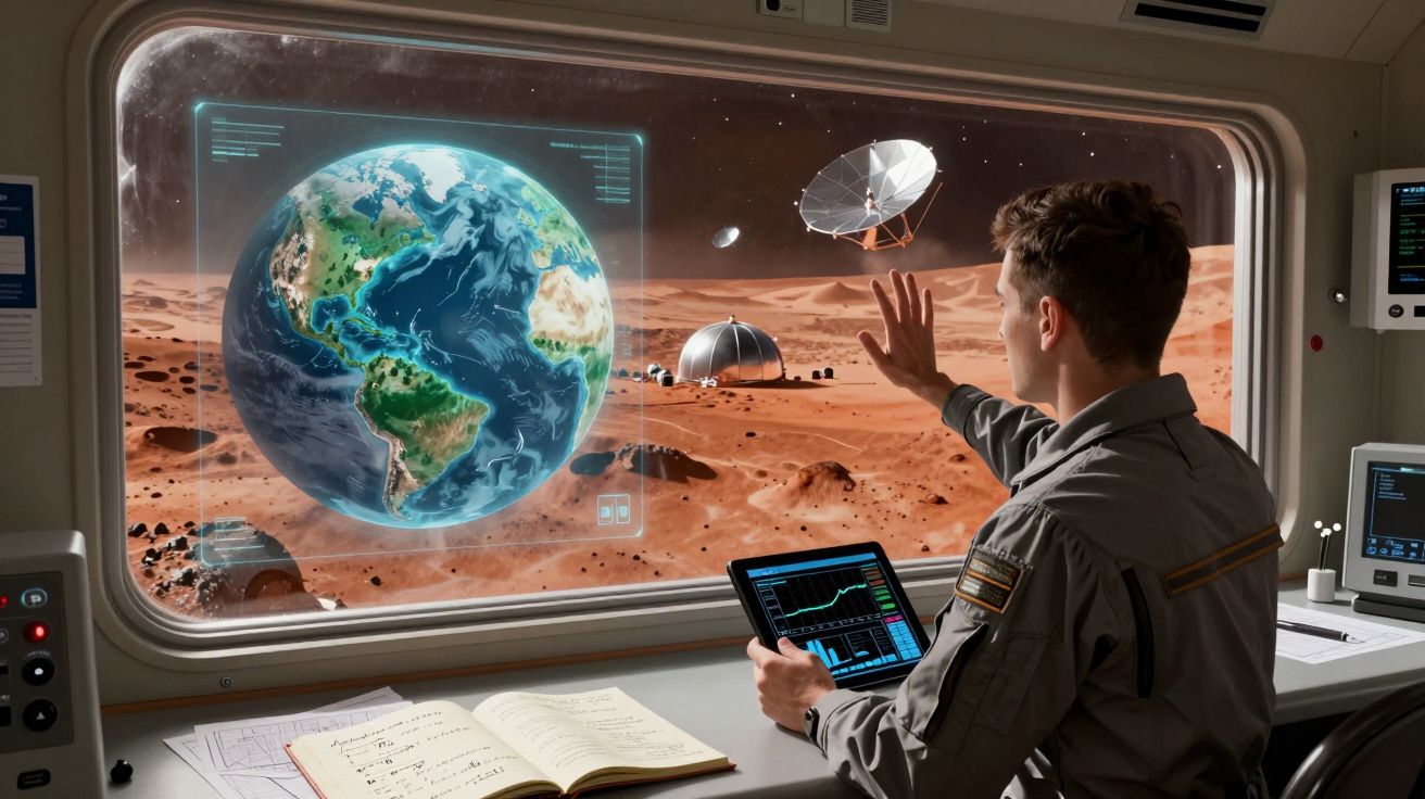 Astronauta em estação espacial observa holograma da Terra e a superfície de Marte com base científica ao fundo.