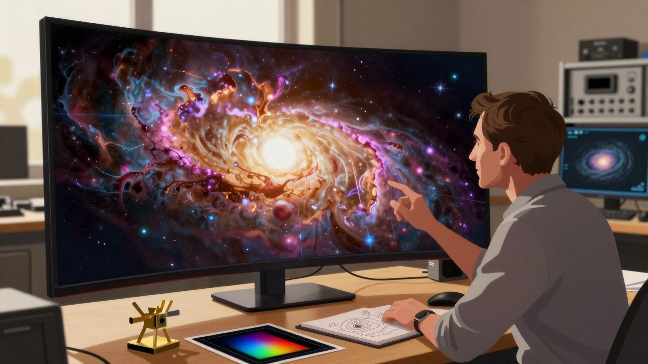 Homem analisando uma galáxia colorida em um monitor curvo em ambiente de escritório científico.
