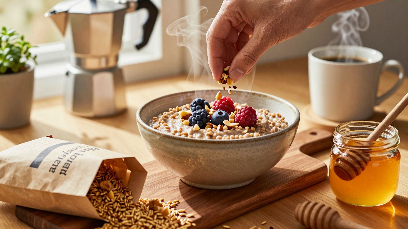 Mão polvilhando sementes em tigela de mingau com frutas, café, mel e cafeteira sobre mesa de madeira.