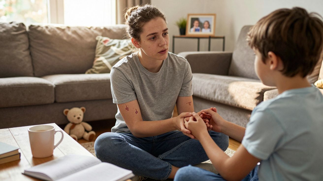 Mulher e menino conversando sentados no chão da sala segurando as mãos um do outro.