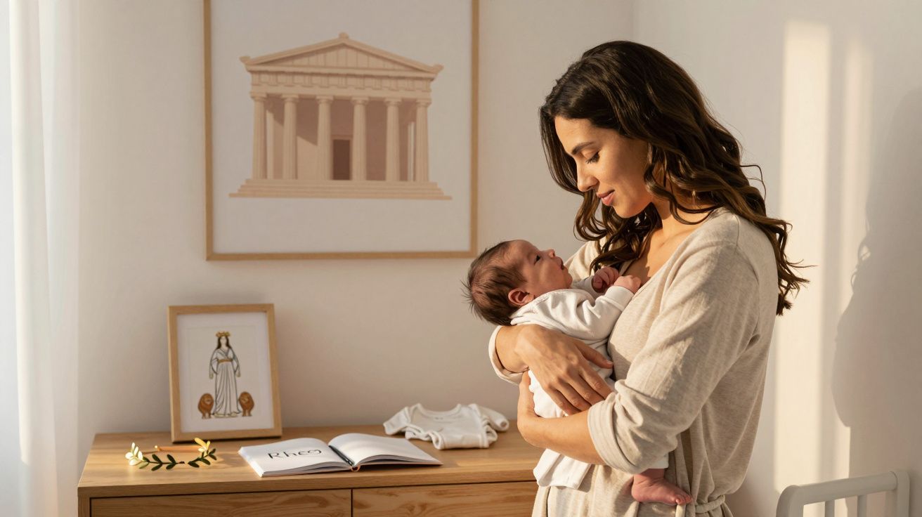 Mulher segurando bebê recém-nascido em ambiente iluminado, com móveis de madeira e quadros na parede.