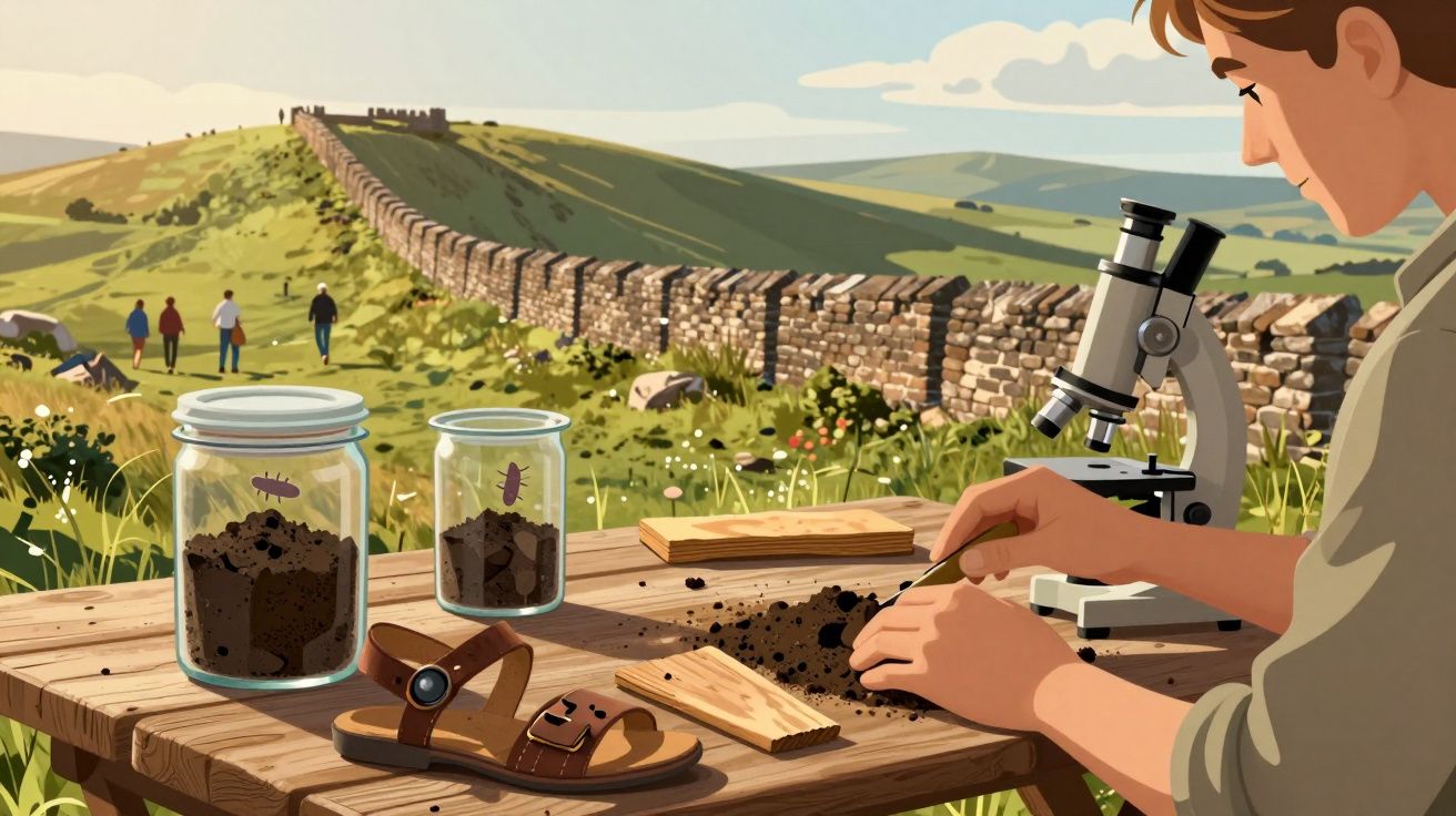 Pessoa analisando amostras de terra em mesa ao ar livre perto de muralha histórica com grupo caminhando ao fundo.