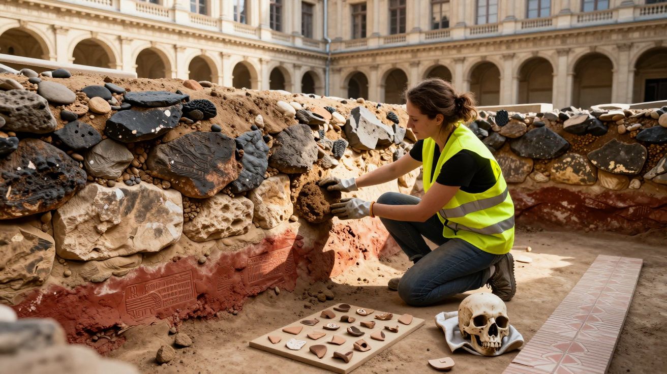 Arqueóloga com colete refletivo examina fragmentos em escavação ao lado de crânio humano em sítio arqueológico.