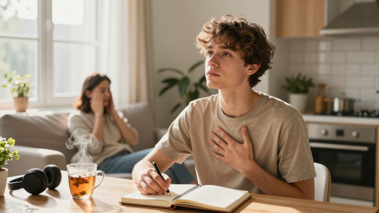 Jovem sentado à mesa escrevendo em caderno, com xícara de chá e mulher ao fundo aparentando preocupação.