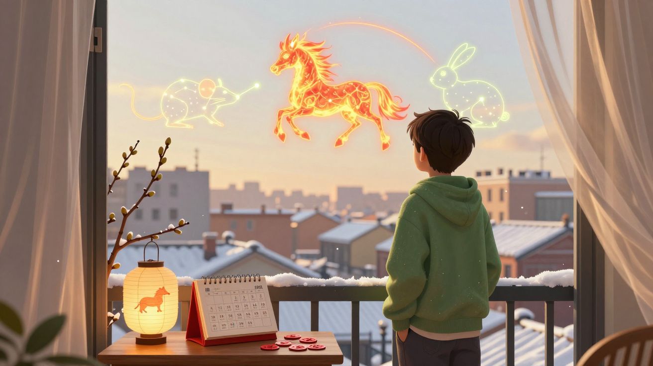 Criança observa hologramas de animais brilhantes sobre uma varanda com vista para casas nevadas ao entardecer.