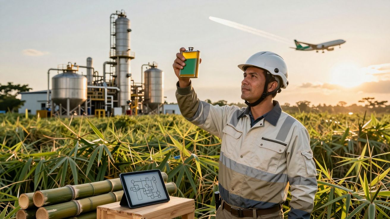 Homem com capacete avalia líquido verde em campo de cana-de-açúcar, indústria e avião ao fundo.