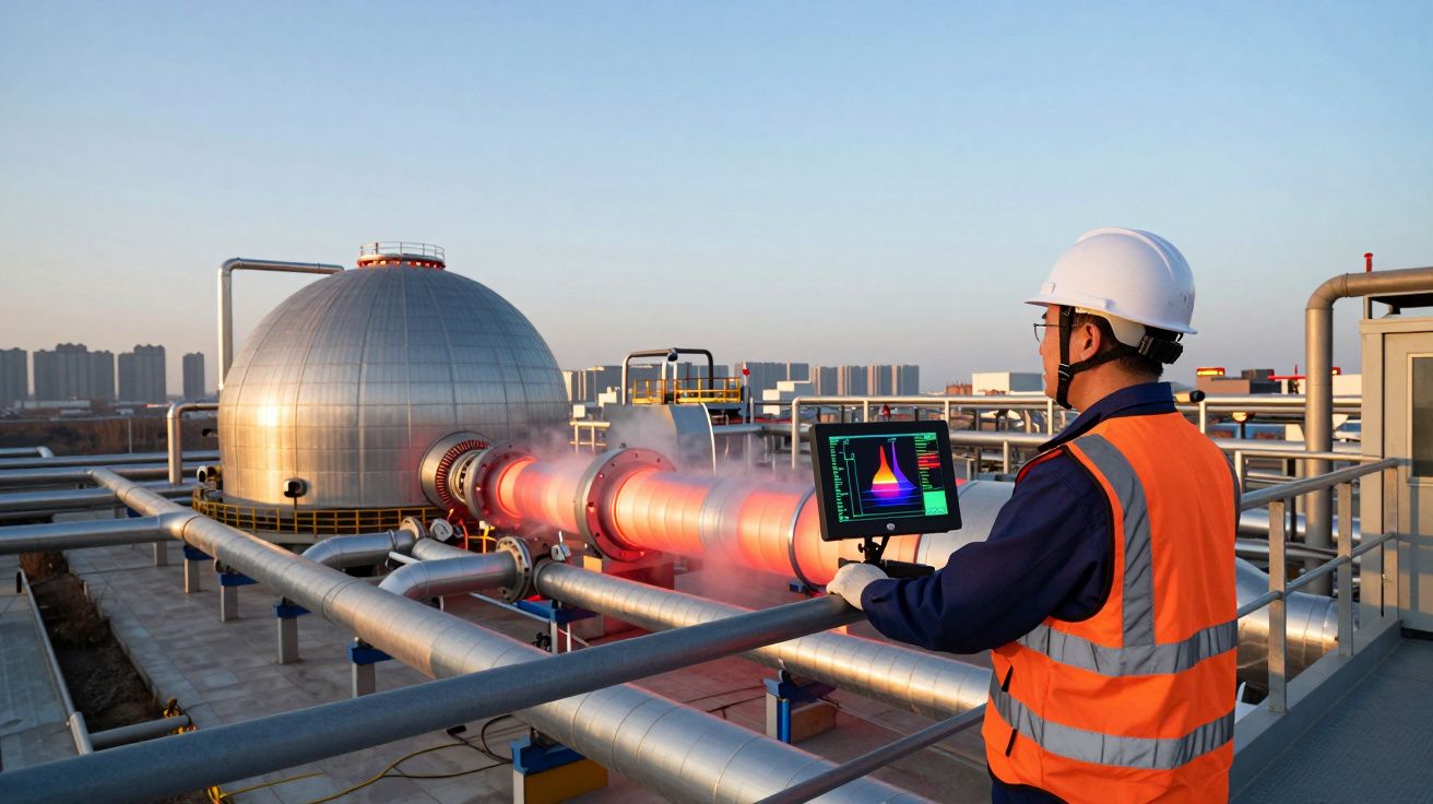Trabalhador com colete e capacete monitora fluxo em dutos metálicos em planta industrial ao entardecer.