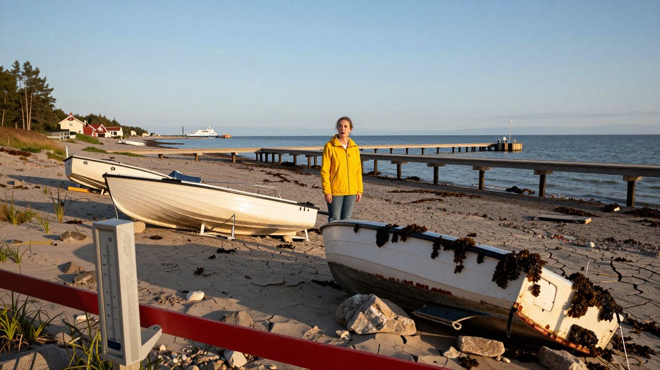 Pessoa de jaqueta amarela na praia com barcos encalhados e pier ao fundo ao pôr do sol.