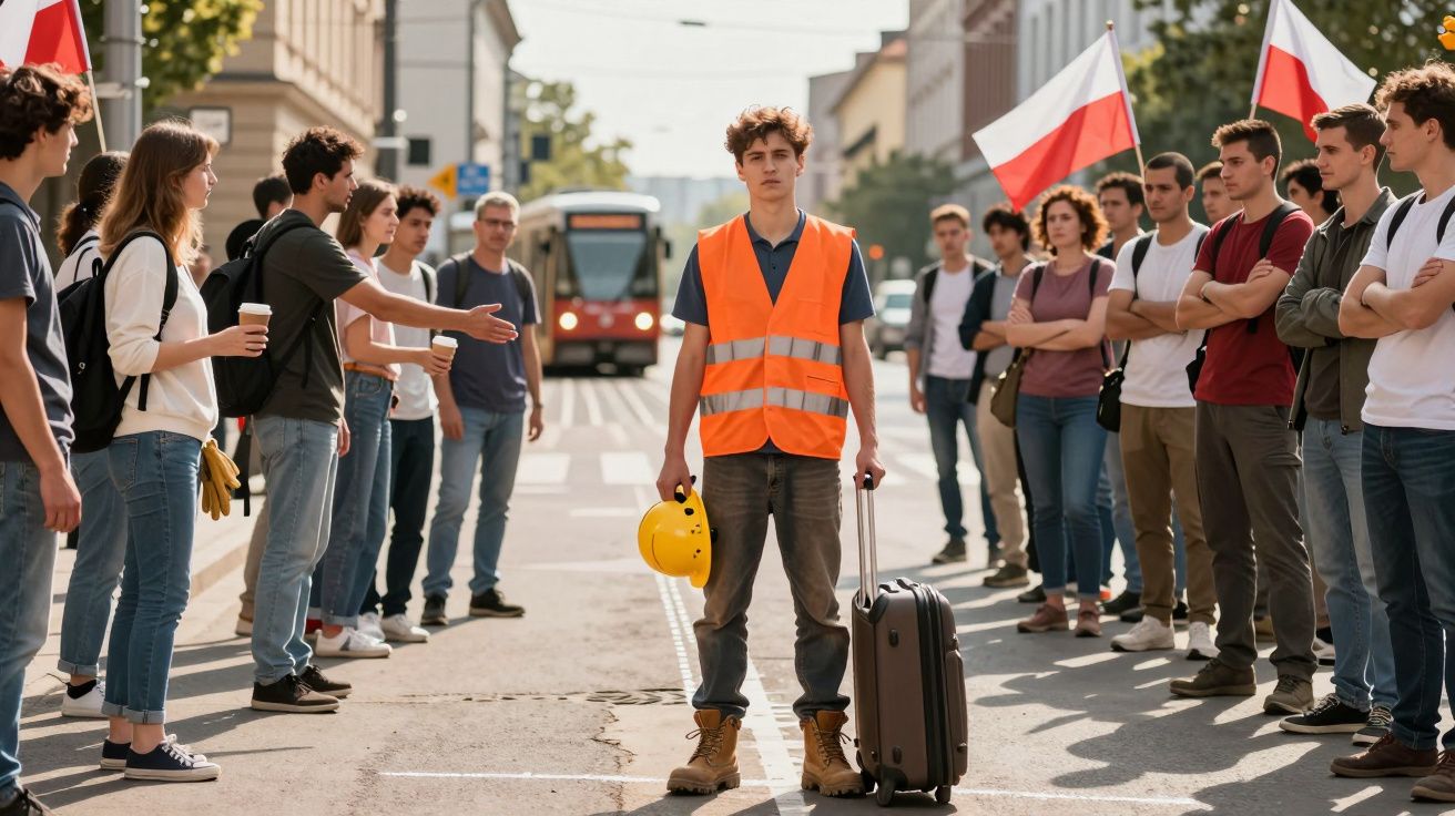 Jovem com colete refletivo e capacete na mão enfrenta multidão segurando mala na rua com bandeiras.