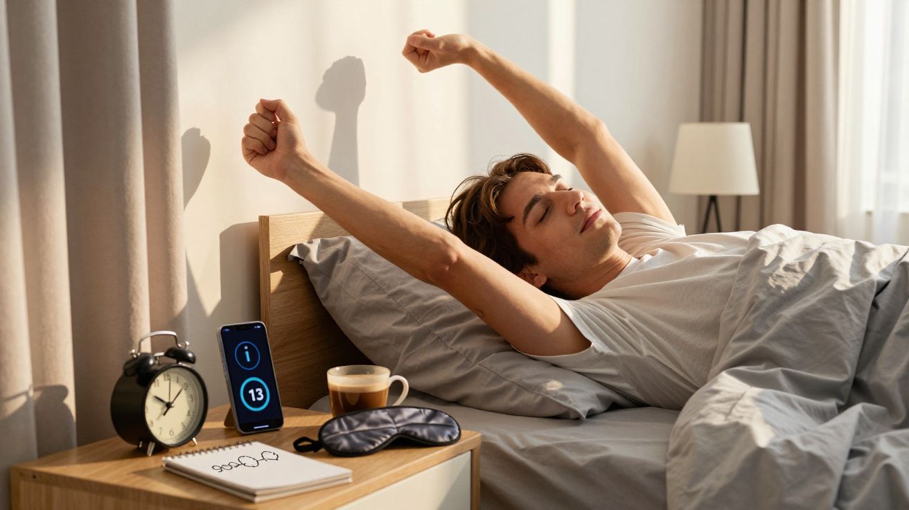 Homem acordando e espreguiçando na cama ao lado de mesa com relógio, café e máscara de dormir.