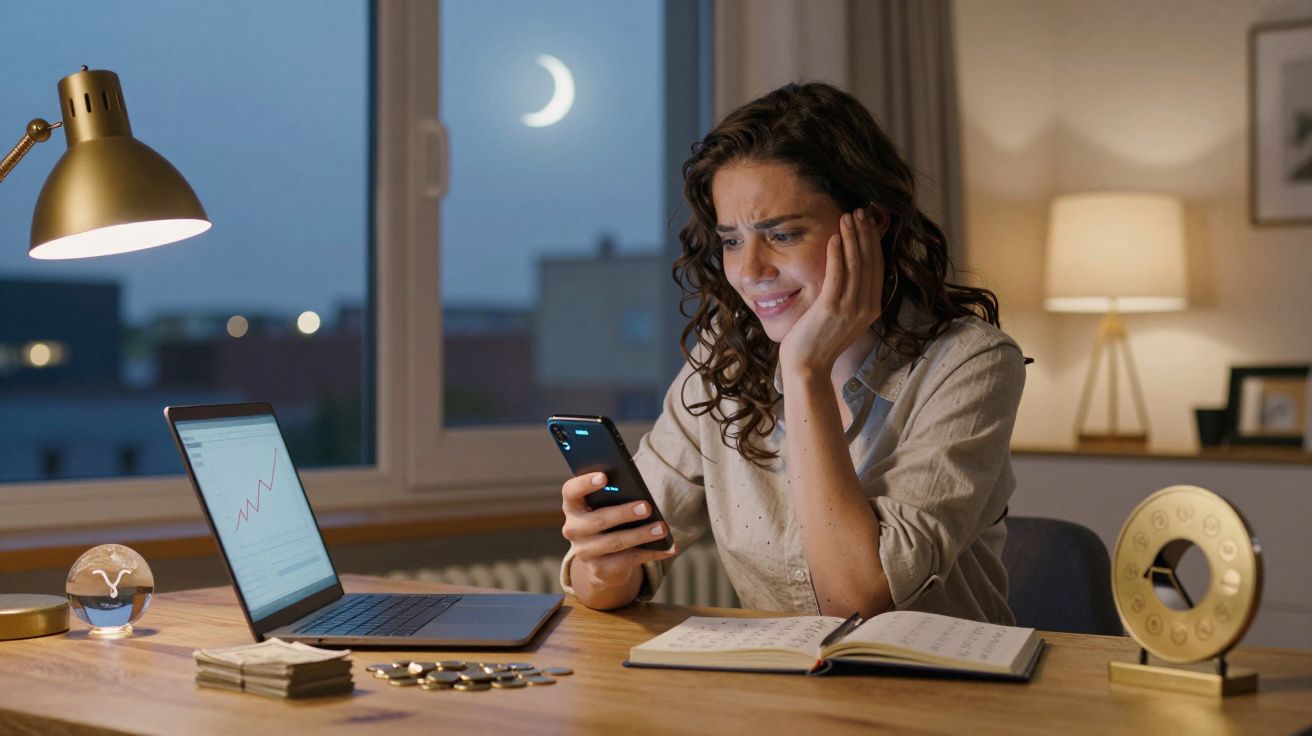 Mulher em expressão preocupada usando celular à mesa com laptop, caderno e moedas à noite em casa.