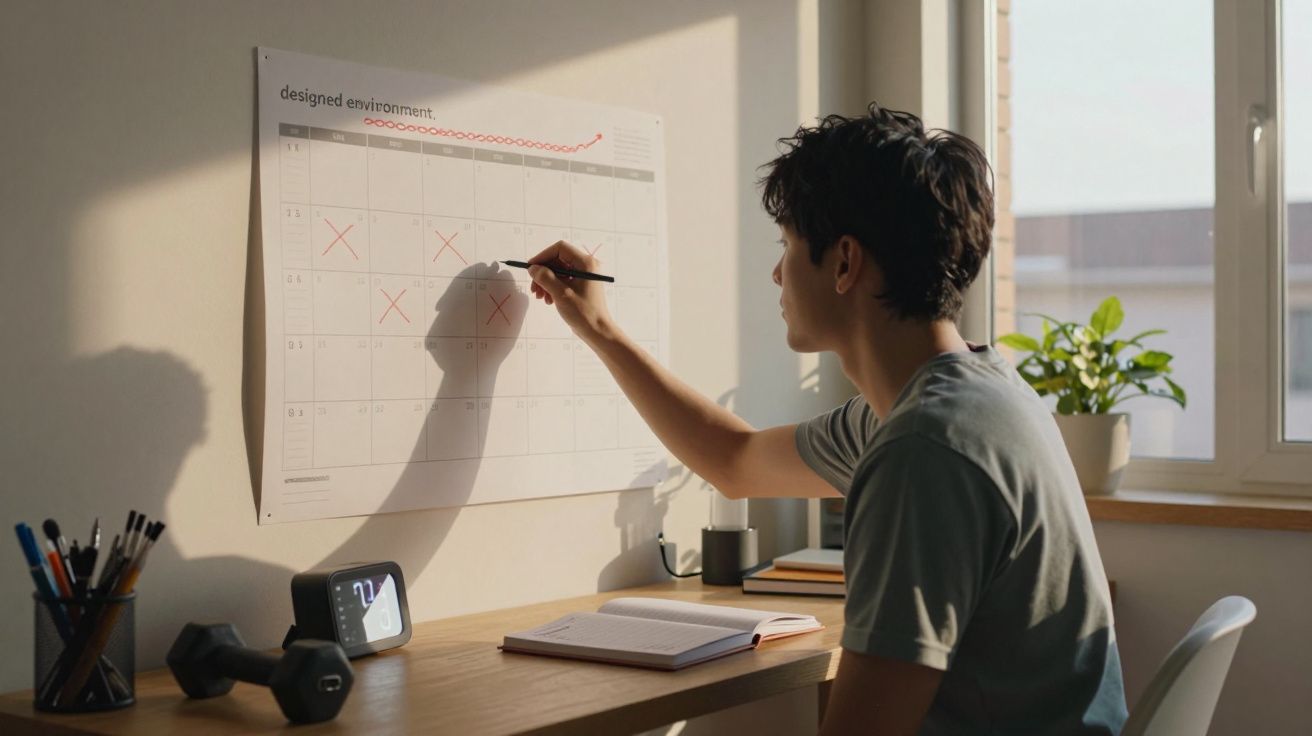 Jovem marcando datas em calendário de parede em ambiente iluminado pelo sol, sentado à mesa de madeira.