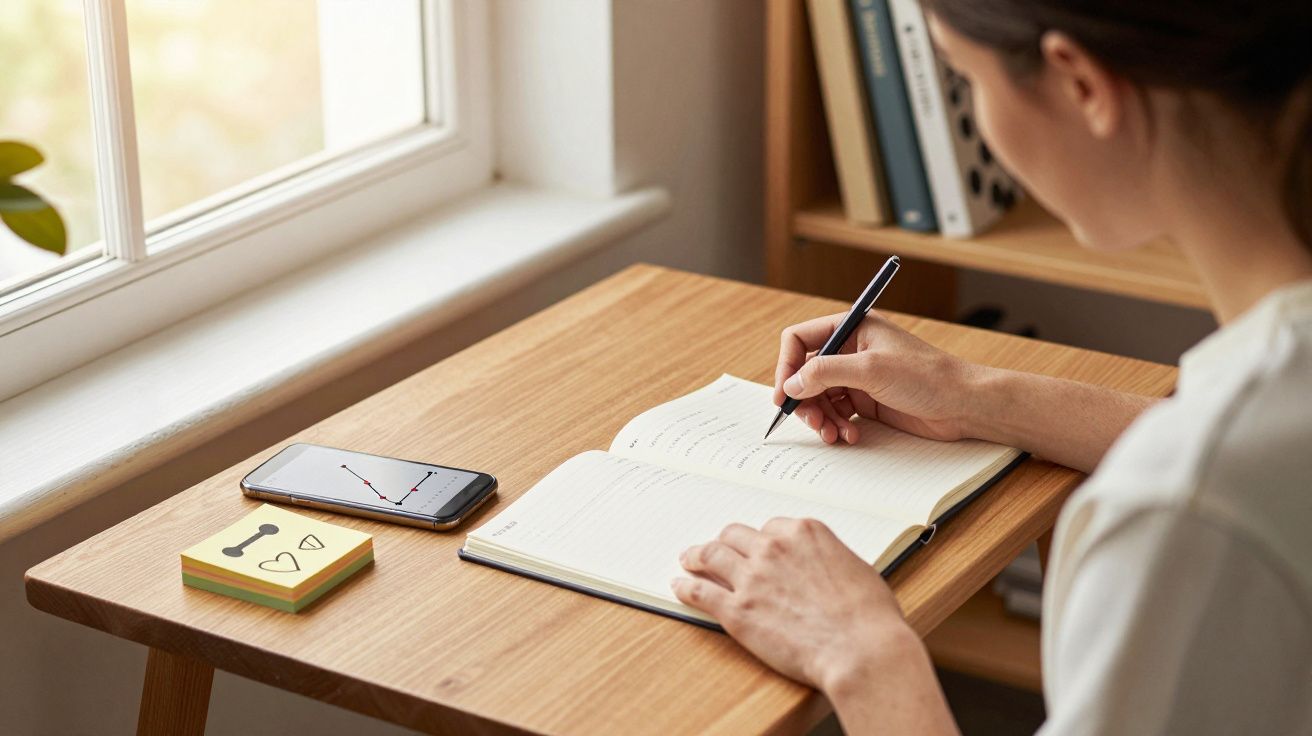 Pessoa escrevendo em caderno ao lado de celular com gráfico em mesa de madeira perto da janela.