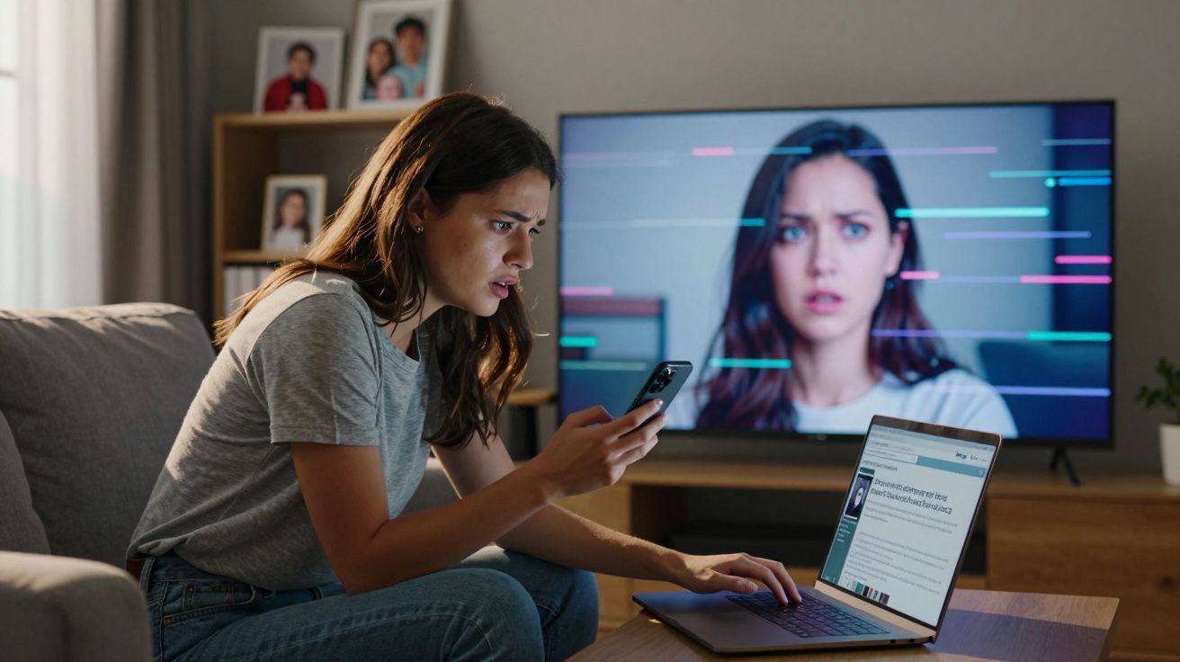 Mulher preocupada usando celular e laptop, com rosto preocupado na TV ao fundo na sala.