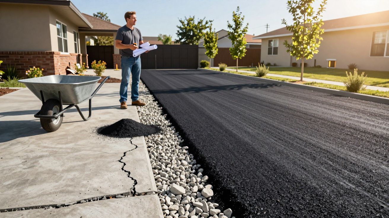 Homem com plantas observa pavimentação de rua recoberta com asfalto em área residencial ao entardecer.