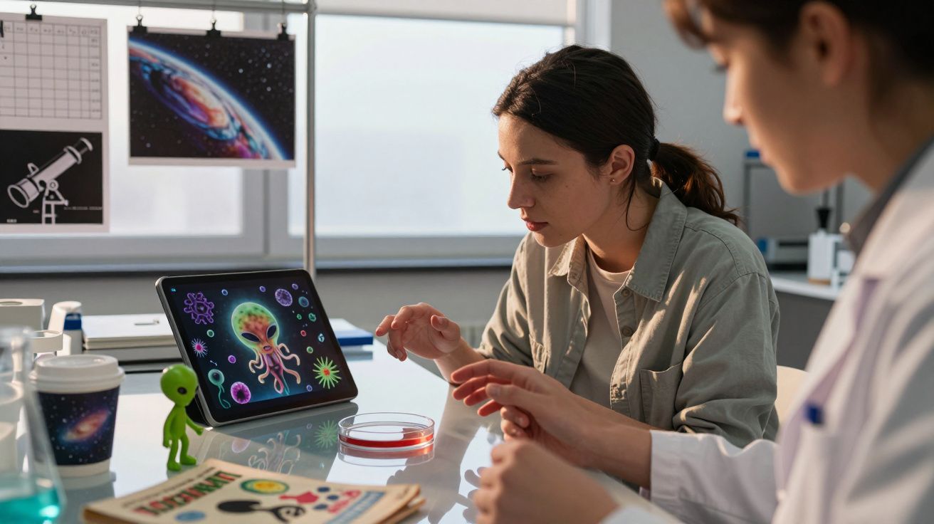 Duas cientistas estudam imagens de microrganismos alienígenas em tablet no laboratório.