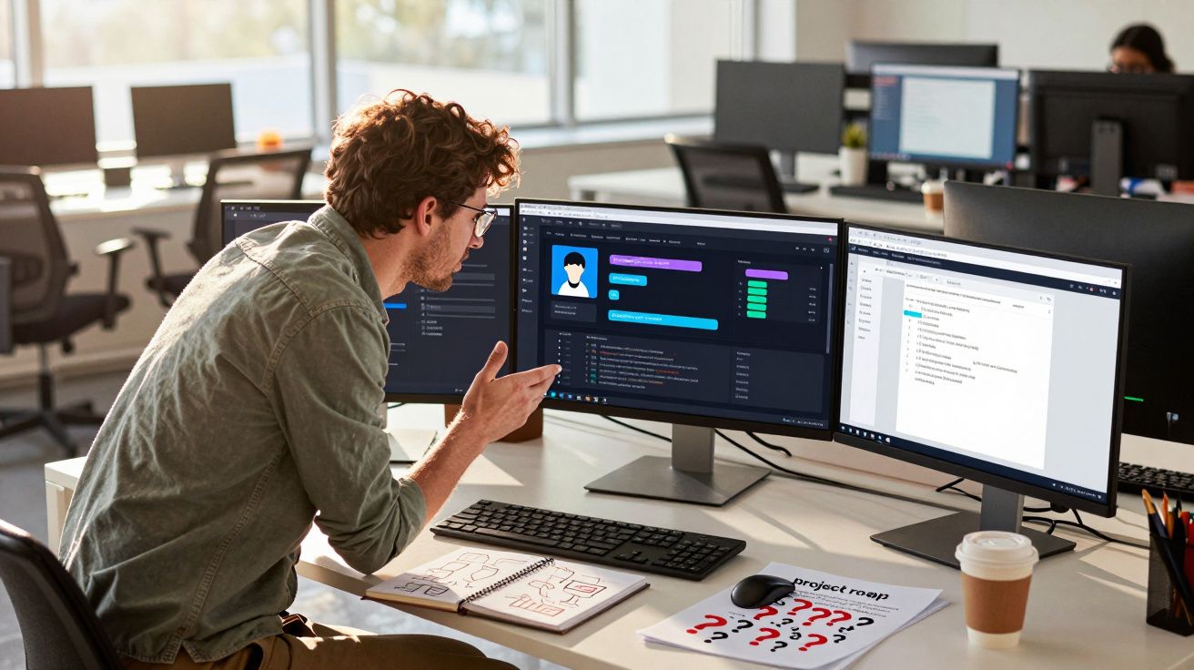 Homem analisando dados e código em dois monitores em escritório moderno durante o dia.
