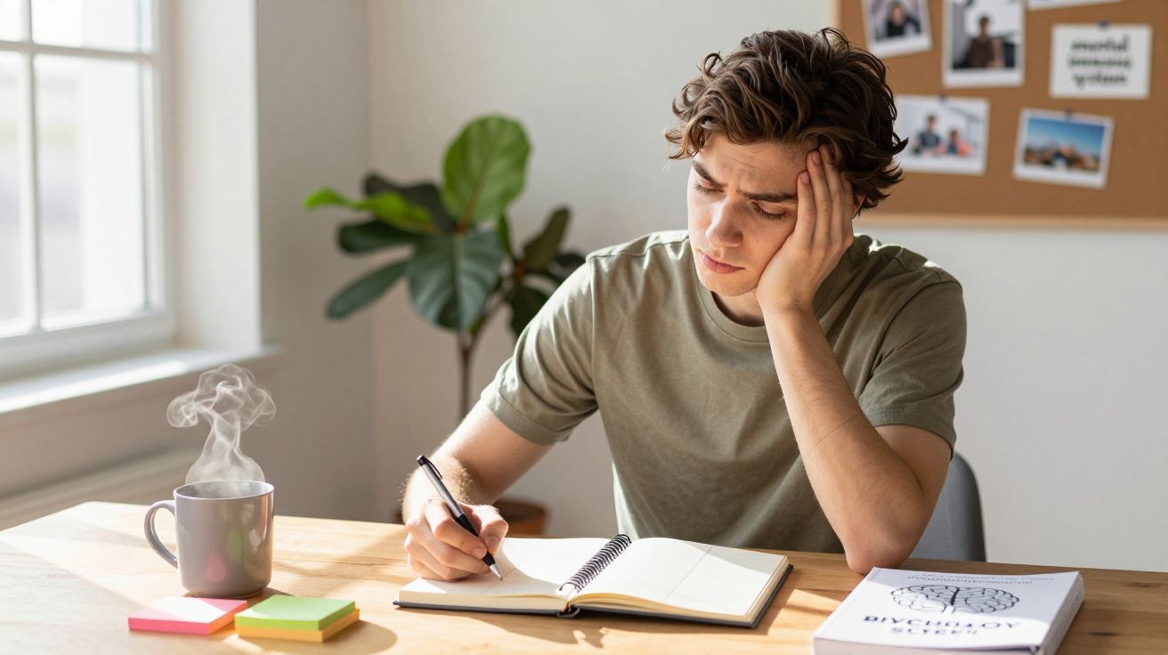 Jovem pensativo estudando e escrevendo em caderno com livro e xícara de café na mesa iluminada pela janela.