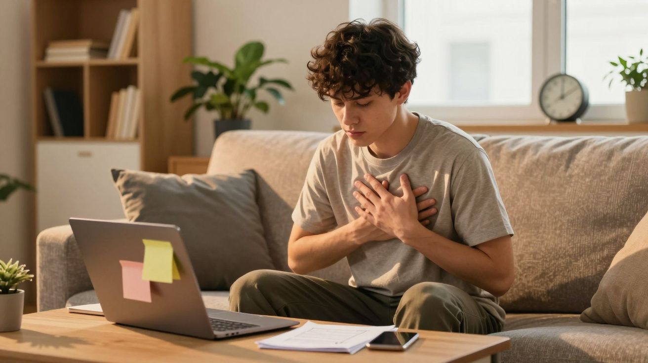 Jovem sentado no sofá com expressão de dor no peito, mão sobre o coração e notebook à frente.