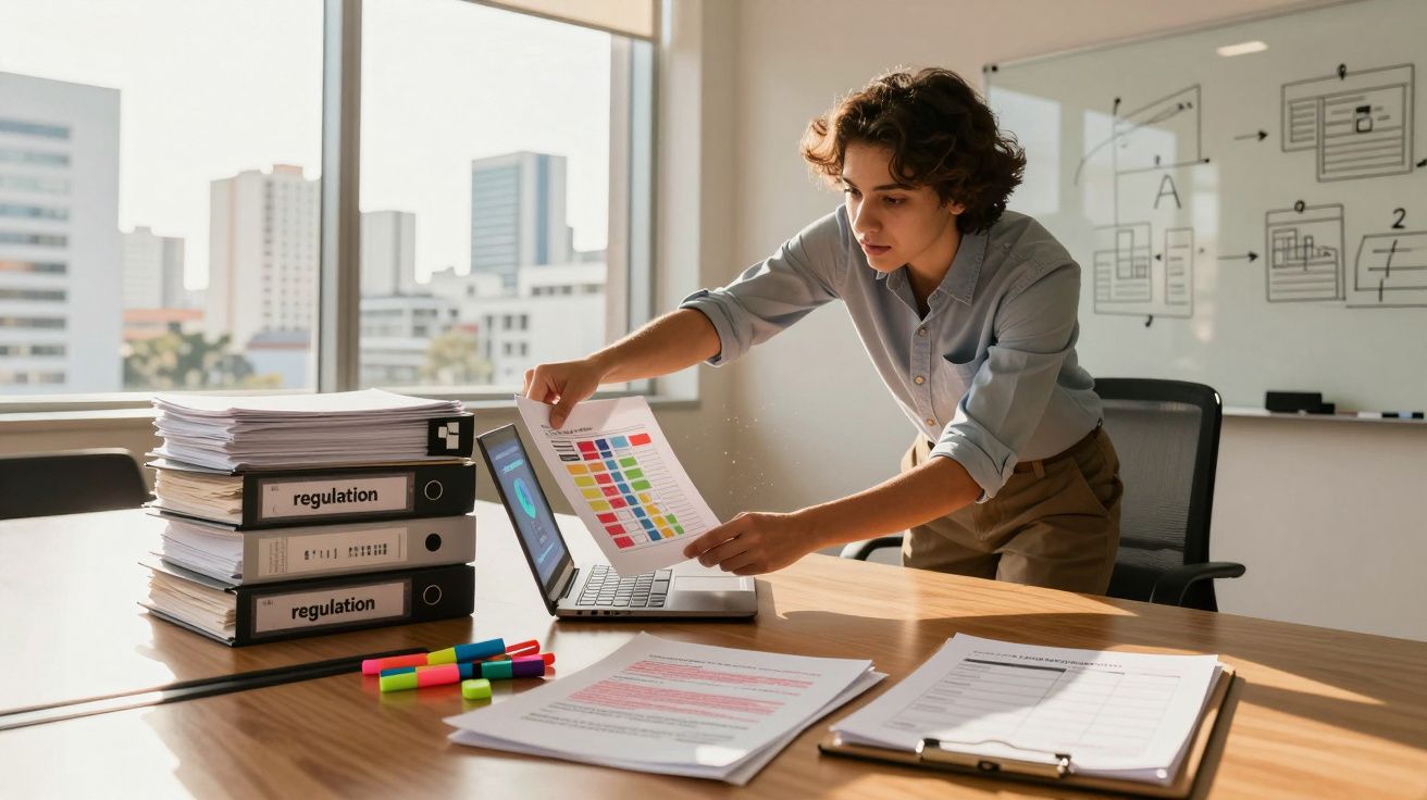 Pessoa analisando gráfico colorido em papel, ao lado de laptop e pastas empilhadas em mesa de escritório.