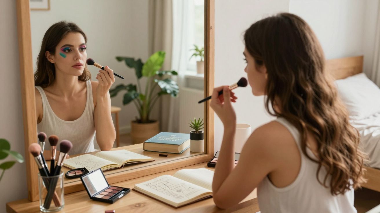 Mulher aplicando maquiagem colorida no rosto na frente do espelho em um quarto iluminado.