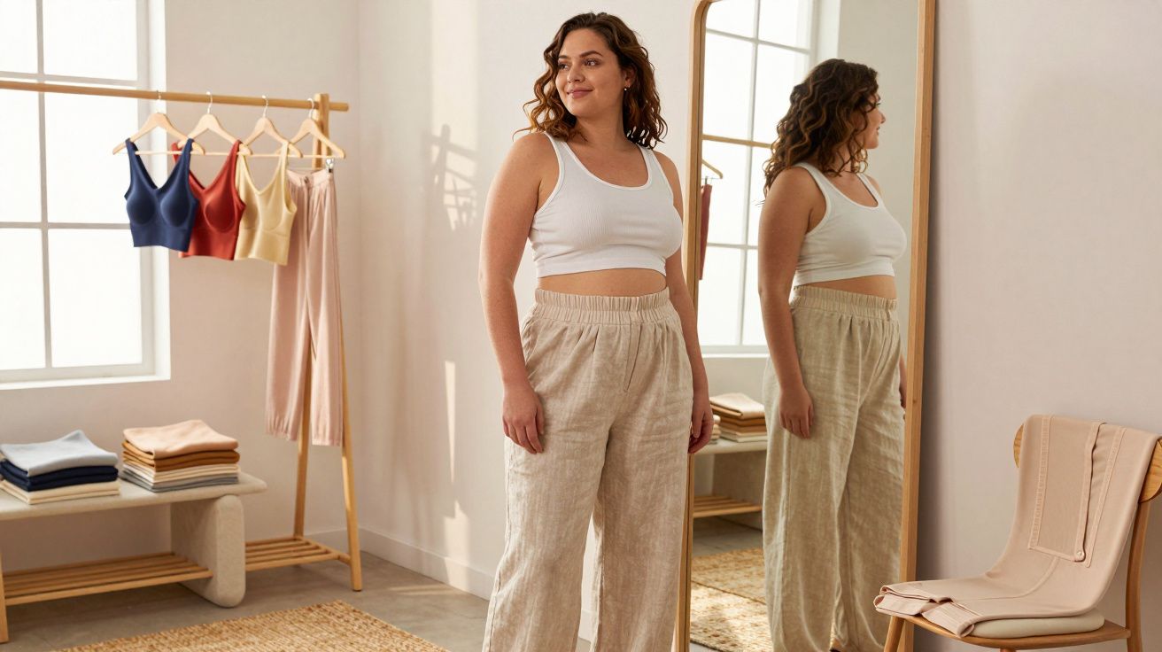 Mulher sorrindo com roupas confortáveis bege e branca em quarto claro com espelho grande e cabideiro.