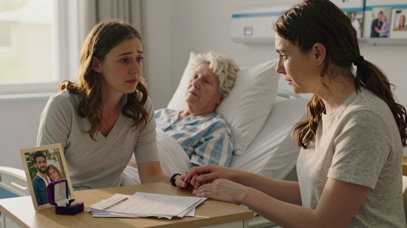 Duas mulheres emocionadas seguram as mãos em hospital ao lado de idosa deitada na cama.