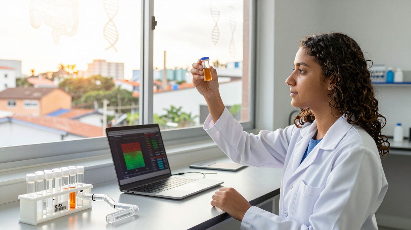 Mulher cientista em jaleco analisa amostra líquida em tubo de ensaio em laboratório com laptop aberto.