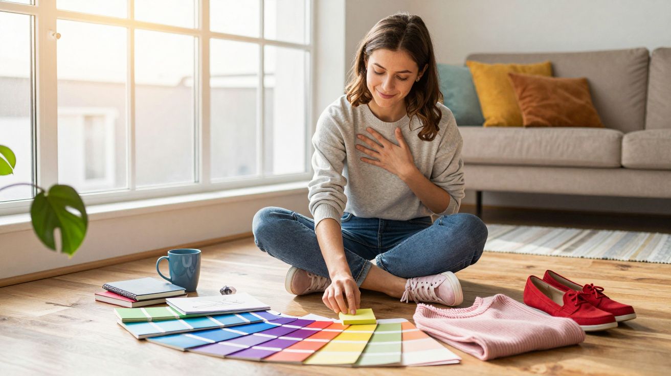 Mulher sentada no chão escolhe entre amostras de cores com roupas e sapatos ao lado em sala iluminada.