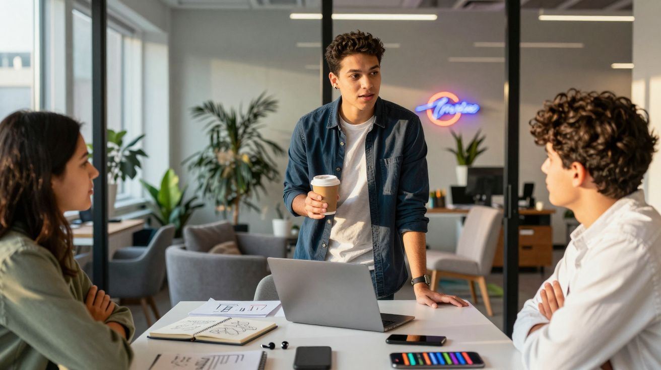 Jovem em reunião informal com colegas em escritório moderno discutindo ideias com laptop e café.
