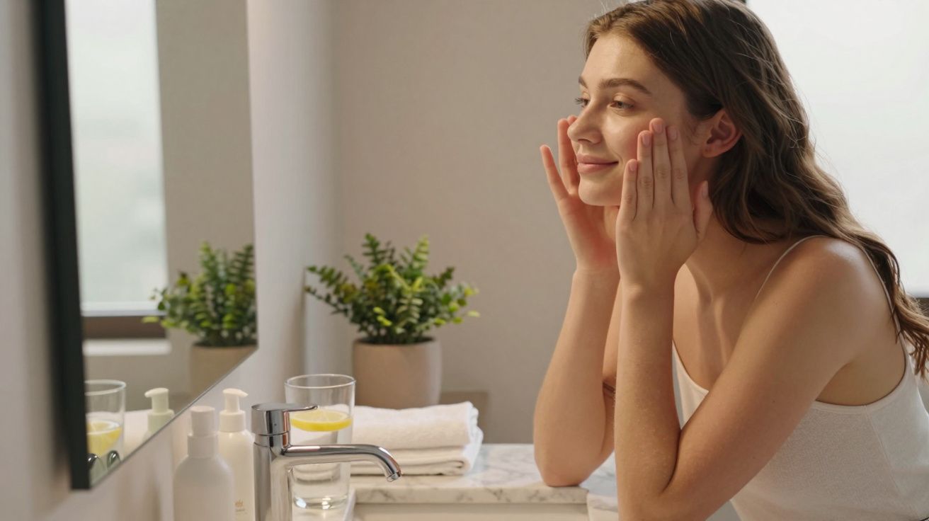 Mulher aplicando creme facial enquanto se olha no espelho do banheiro com plantas ao fundo.