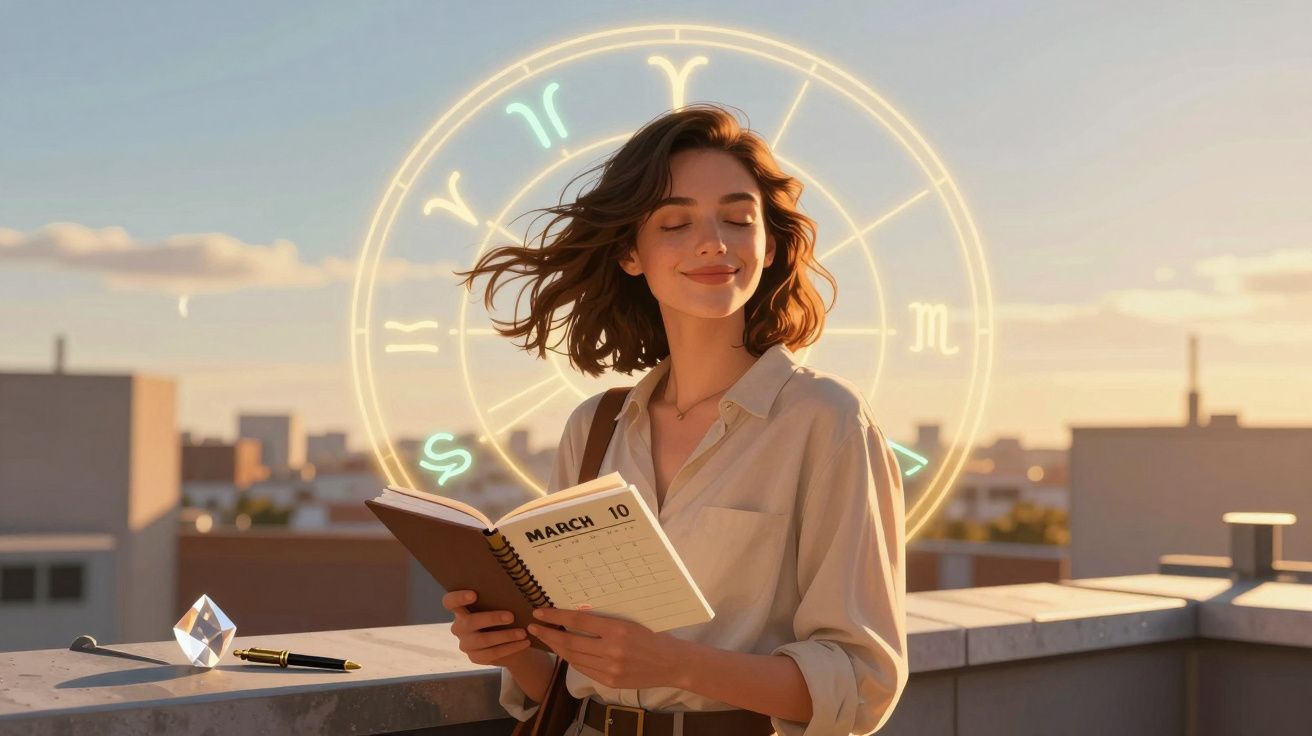 Mulher sorrindo segura agenda com signos do zodíaco brilhando ao fundo no pôr do sol na cidade.
