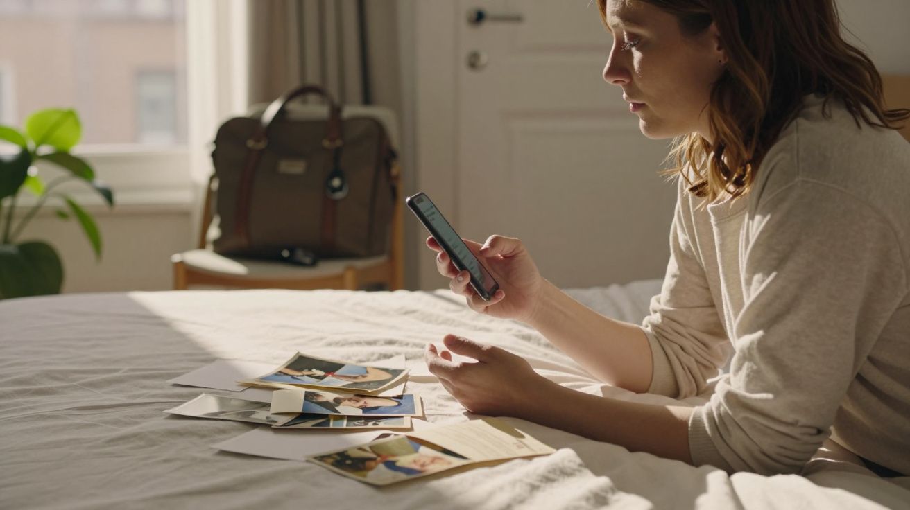 Mulher olhando fotos antigas sobre cama enquanto segura celular em ambiente iluminado pela manhã.