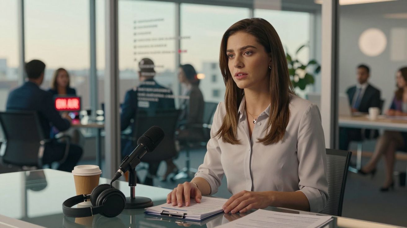 Mulher apresentadora em estúdio moderno com microfone, fones e equipe ao fundo em ambiente corporativo.