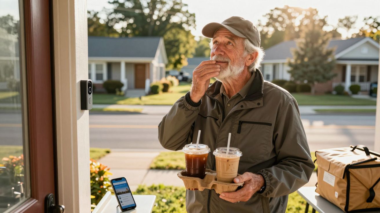 Homem idoso com boné e jaqueta entrega dois cafés gelados numa bandeja em frente a uma casa residencial.