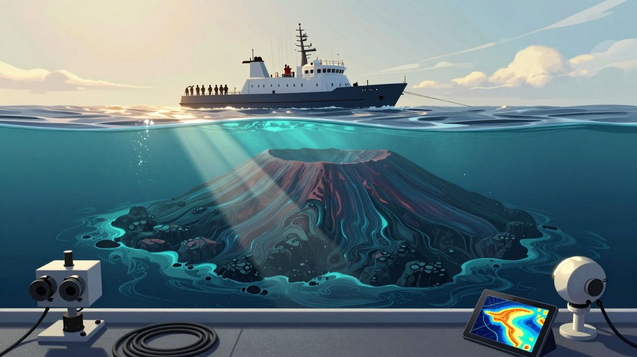 Navio de pesquisa sobre o mar com vulcão submerso iluminado e equipamentos de monitoramento na água.