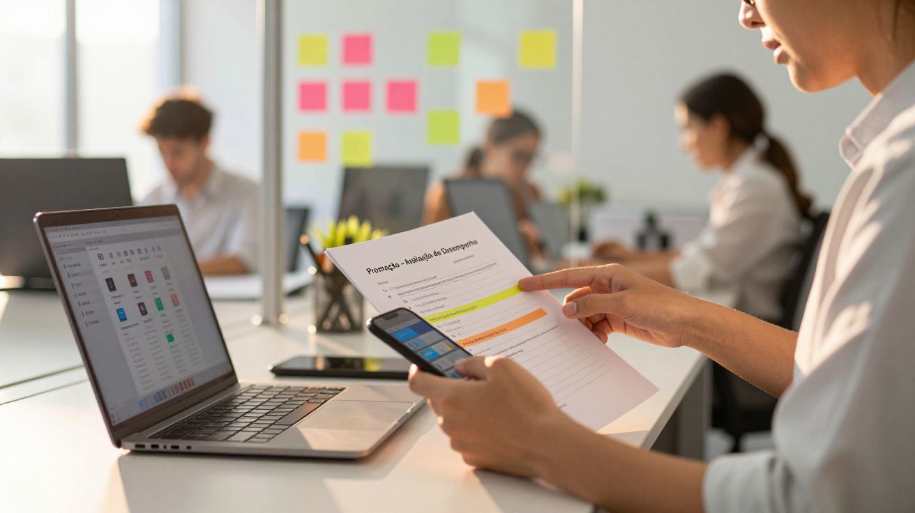 Pessoa usando smartphone e segurando documento enquanto trabalha em escritório com laptop e colegas ao fundo.