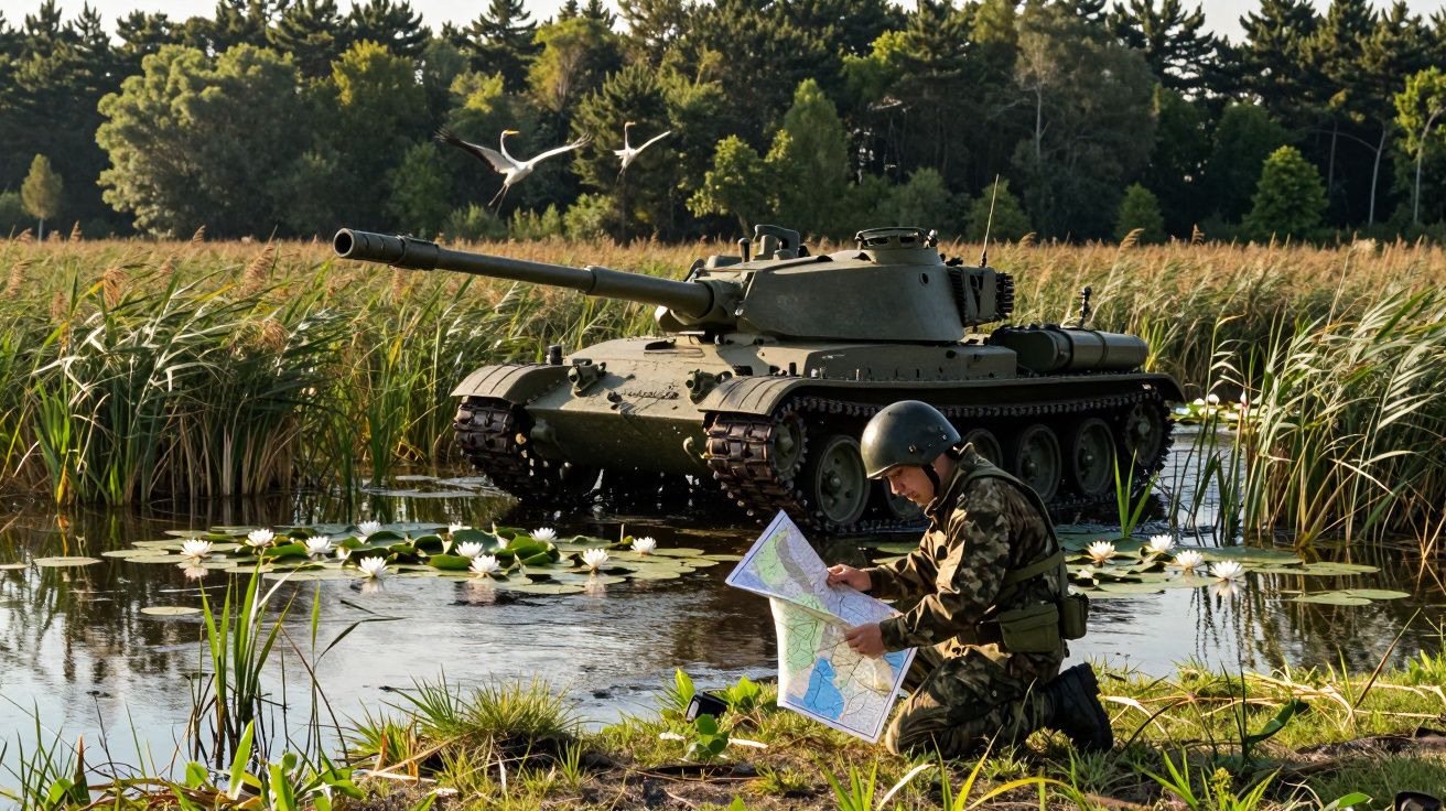 Soldado de uniforme camuflado consultando mapa próximo a tanque em área alagada com vegetação e flores brancas.