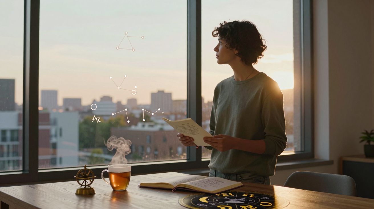 Pessoa olhando pela janela ao pôr do sol com livros, chá quente e símbolos astrológicos à frente.