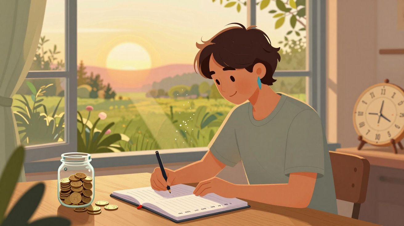 Pessoa escrevendo em agenda ao pôr do sol com cofrinho de moedas e relógio na mesa.