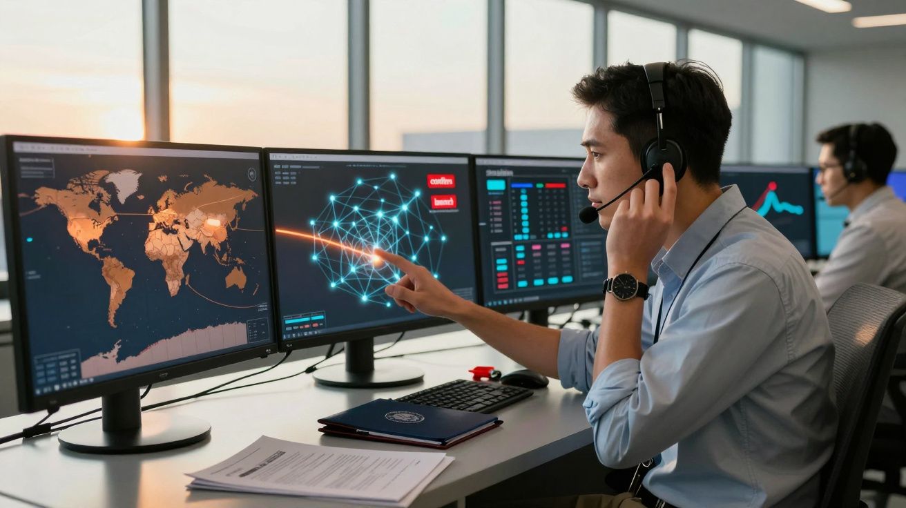 Homem usando headset opera múltiplos monitores com mapas e gráficos em escritório moderno.