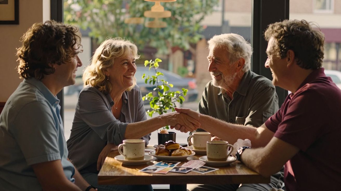 Quatro pessoas sentadas em uma mesa de café, sorrindo e apertando as mãos em sinal de acordo.
