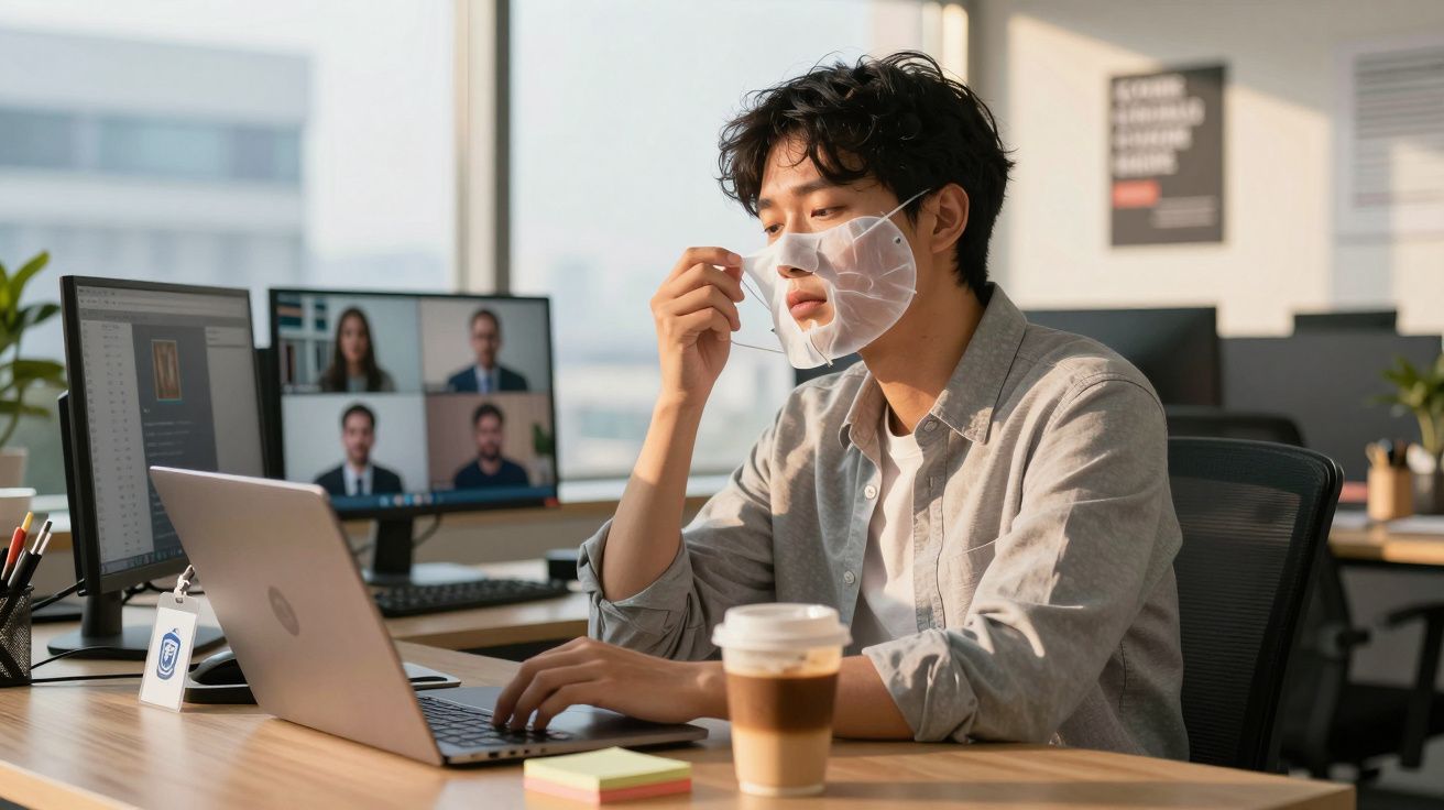 Homem jovem ajusta máscara transparente enquanto trabalha no laptop em escritório moderno com videoconferência.