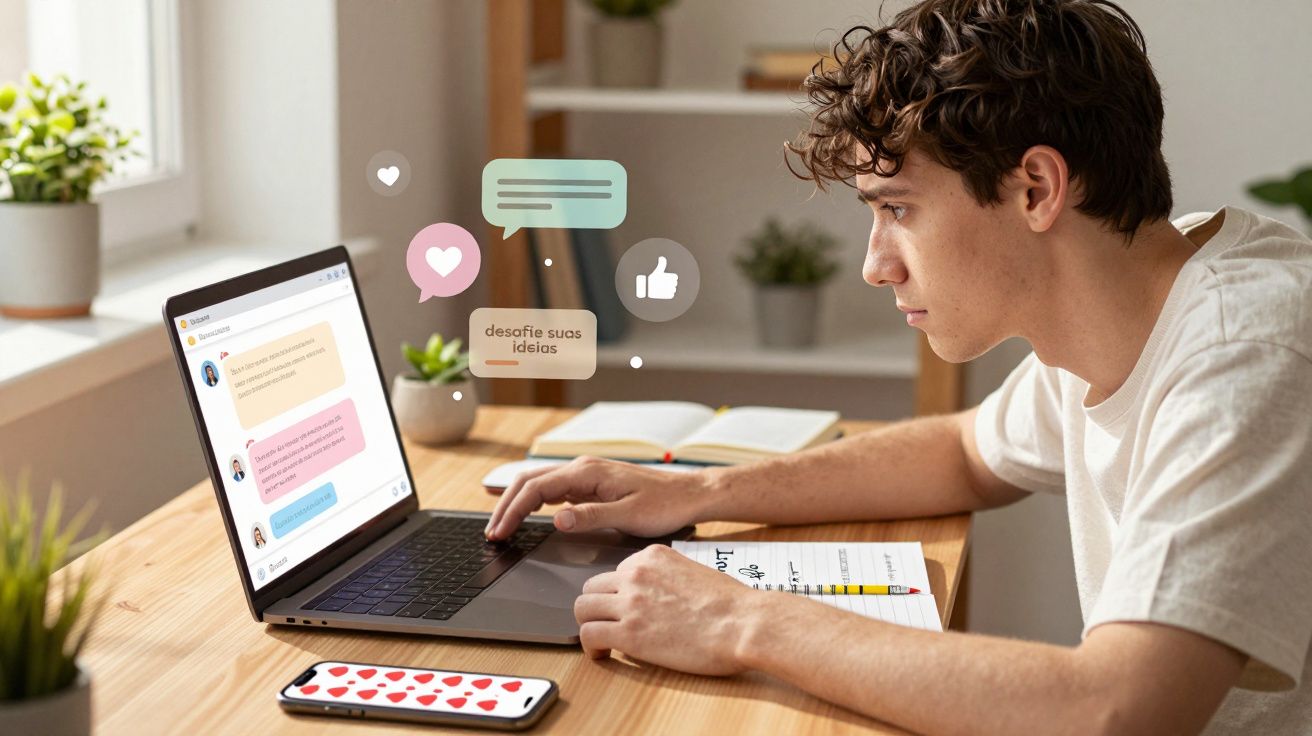 Jovem concentrado usando notebook para conversar online, com celular e caderno na mesa em ambiente claro.