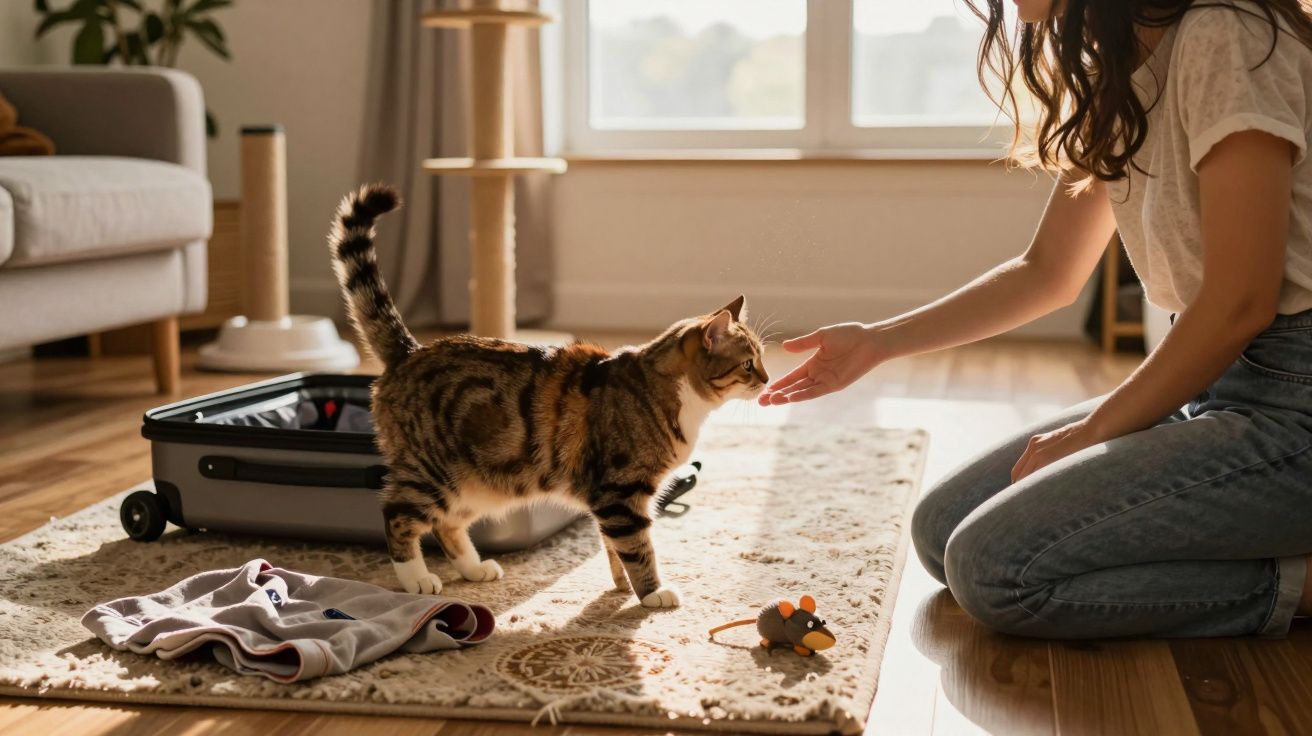 Mulher acariciando um gato em um tapete, ao lado de uma mala aberta e brinquedos no chão.